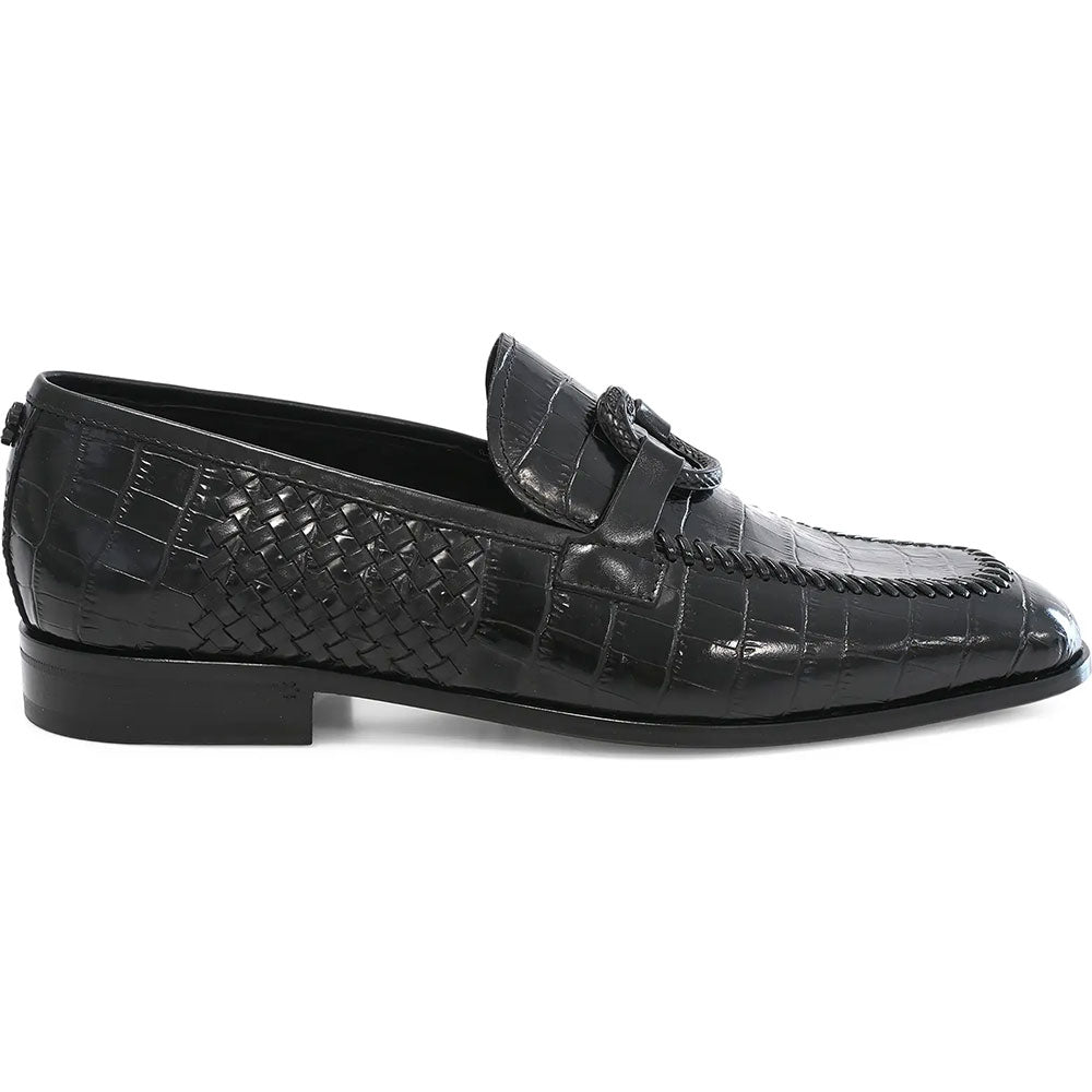 Roberto Cavalli Crocodile Embossed Woven Leather Bit Loafer Black