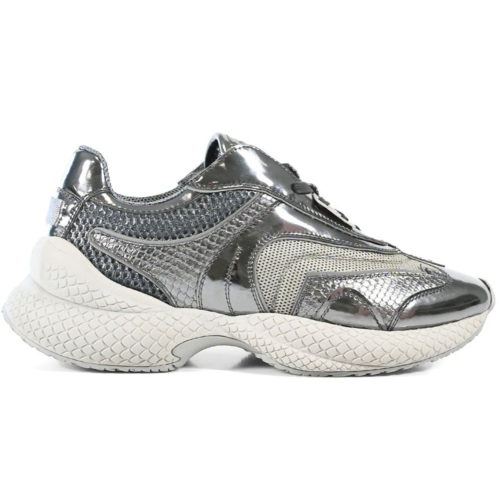Roberto Cavalli Python Embossed & Mirror Leather Running Sneaker Silver / White / Grey