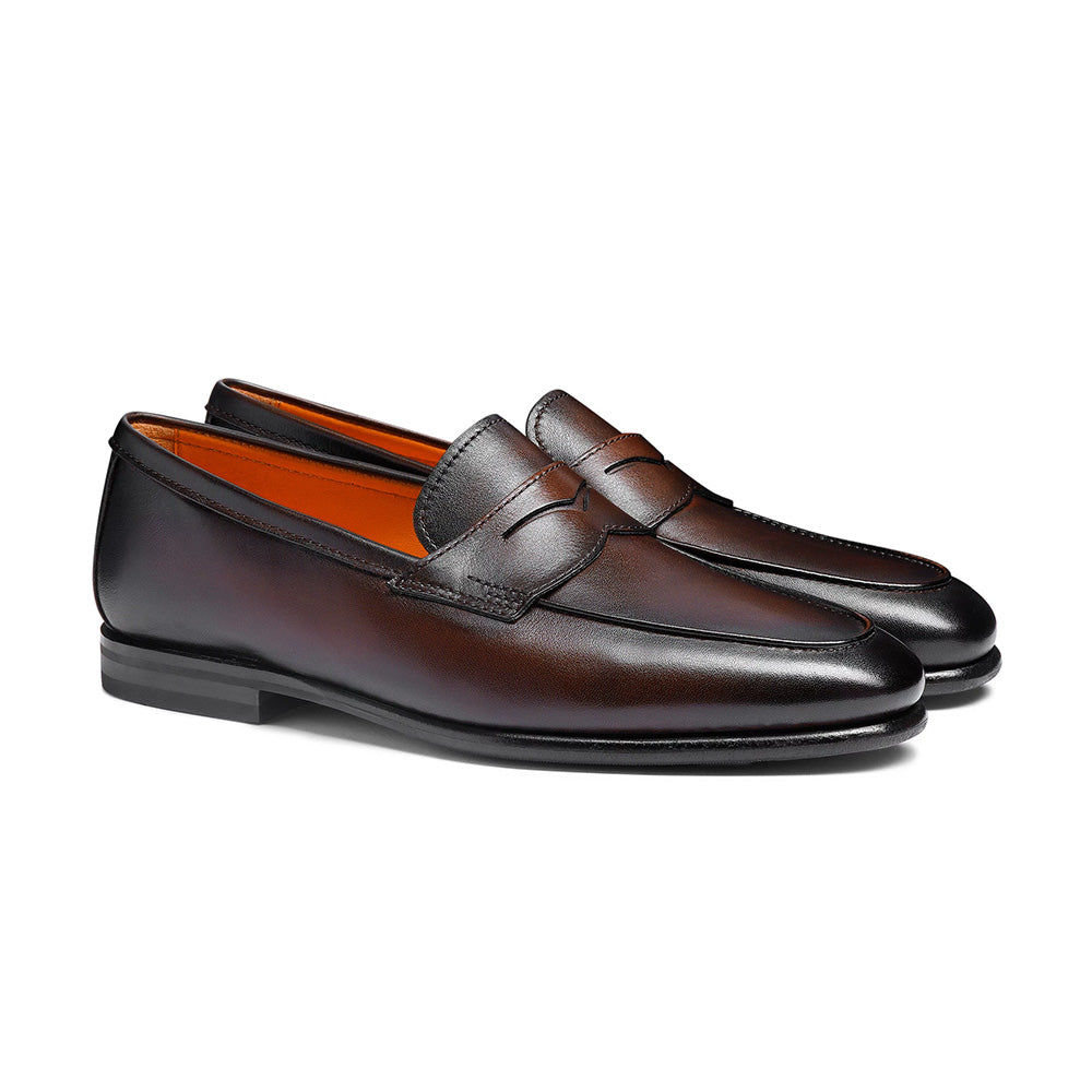 Santoni CARLOS-P4-MEMNT50 Calfskin Penny Loafer Dark Brown