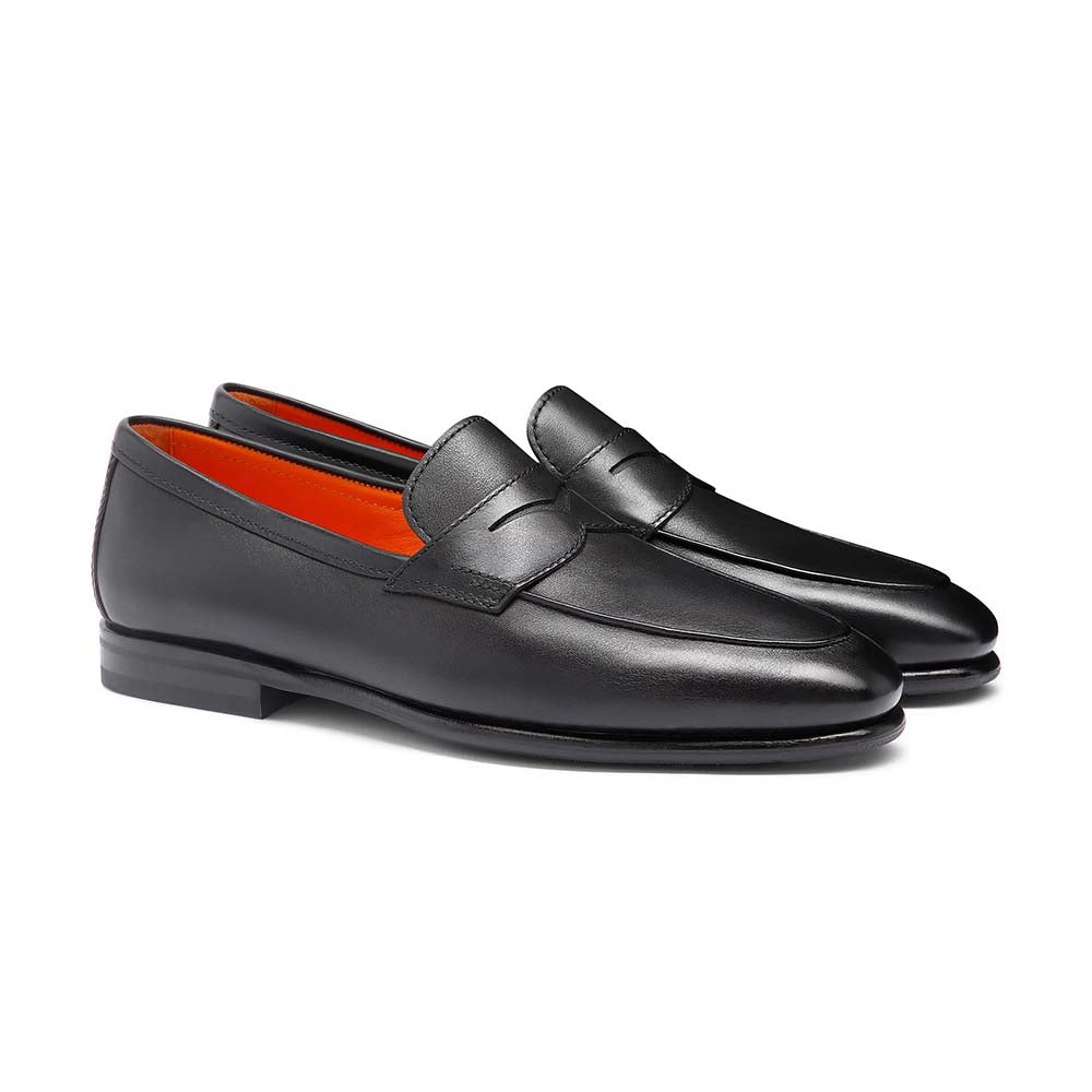 Santoni CARLOS-P4-MEMN01 Calfskin Penny Loafer Black