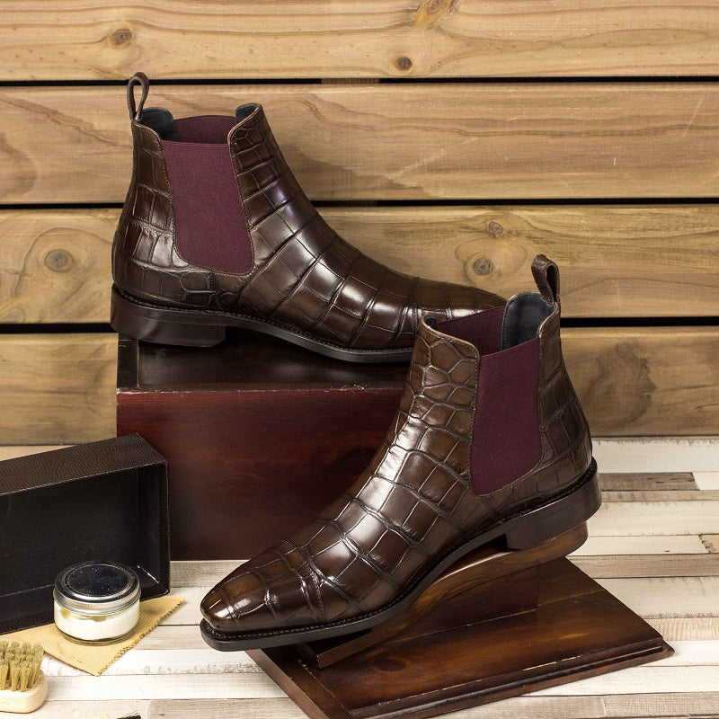 Emanuele Sempre Chelsea Boot Classic Alligator Boots Dark Brown