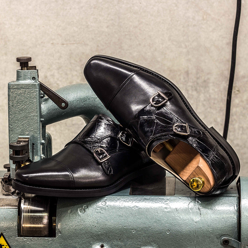 Emanuele Sempre Double Monk Alligator Shoes Black