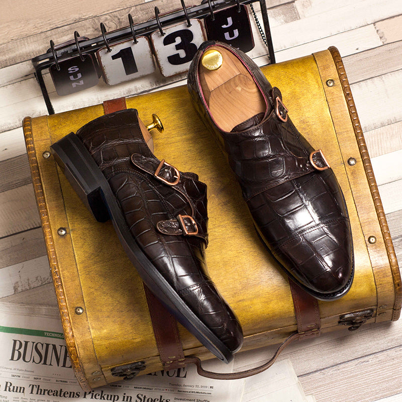 Emanuele Sempre Double Monk Alligator Shoes Black/Dark Brown
