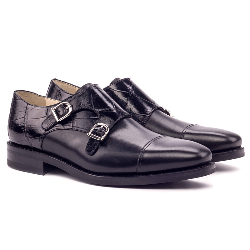 Emanuele Sempre Double Monk Alligator Shoes Black
