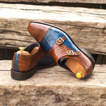 Emanuele Sempre Double Monk Alligator Shoes Navy/Med Brown