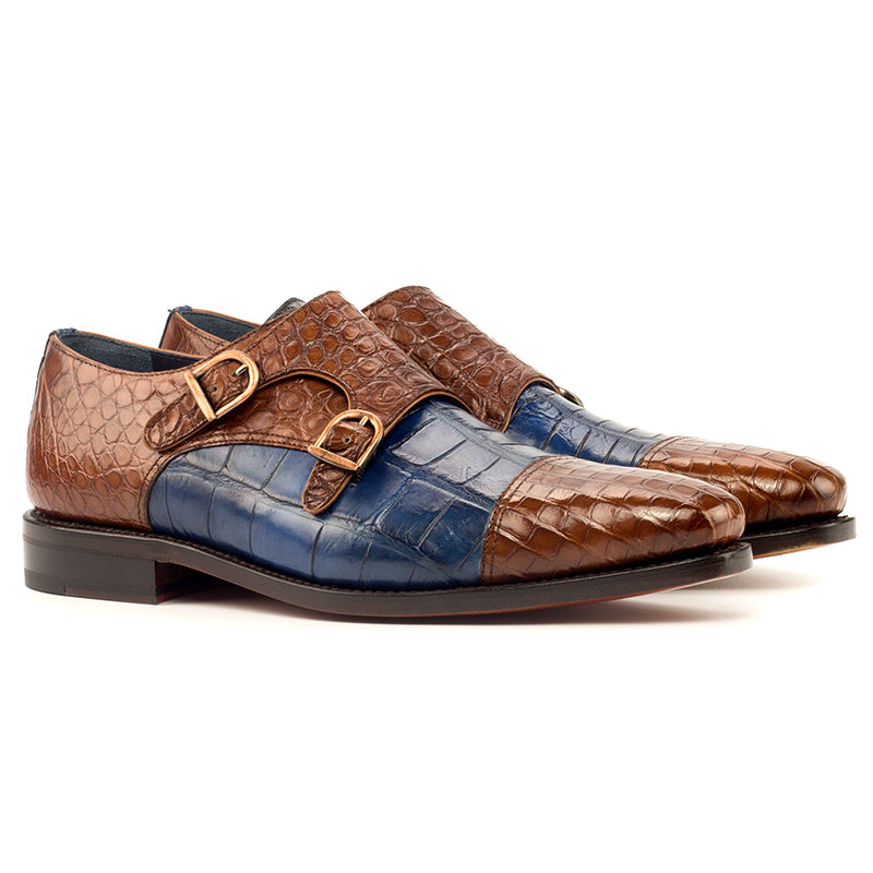 Emanuele Sempre Double Monk Alligator Shoes Navy/Med Brown