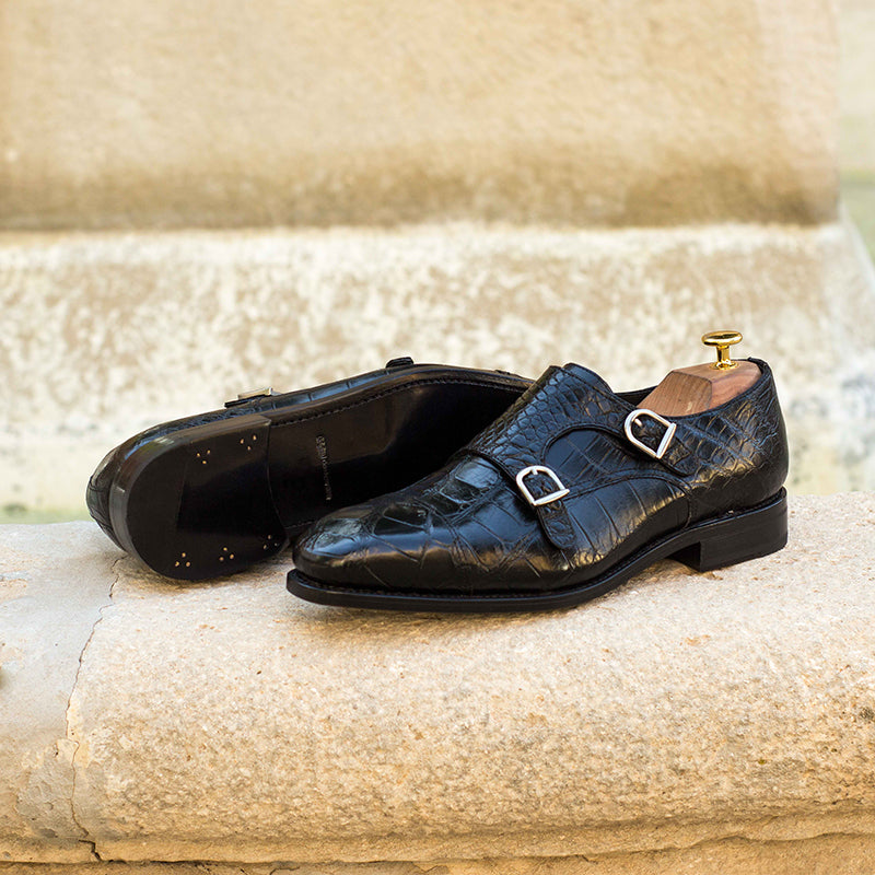 Emanuele Sempre Double Monk Exotic Alligator Shoes Black