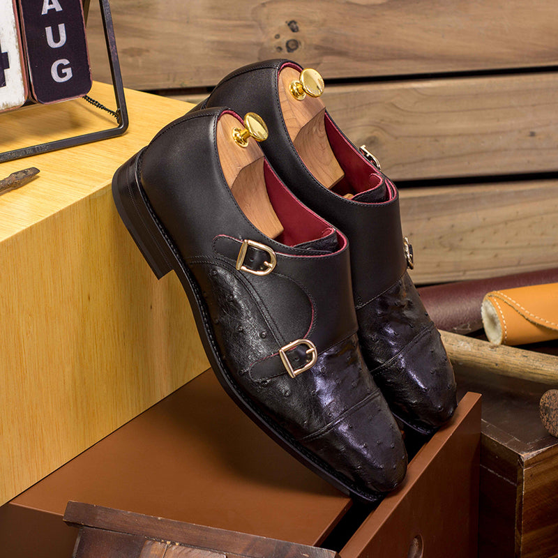 Emanuele Sempre Double Monk Ostrich Shoes Black