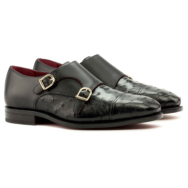 Emanuele Sempre Double Monk Ostrich Shoes Black