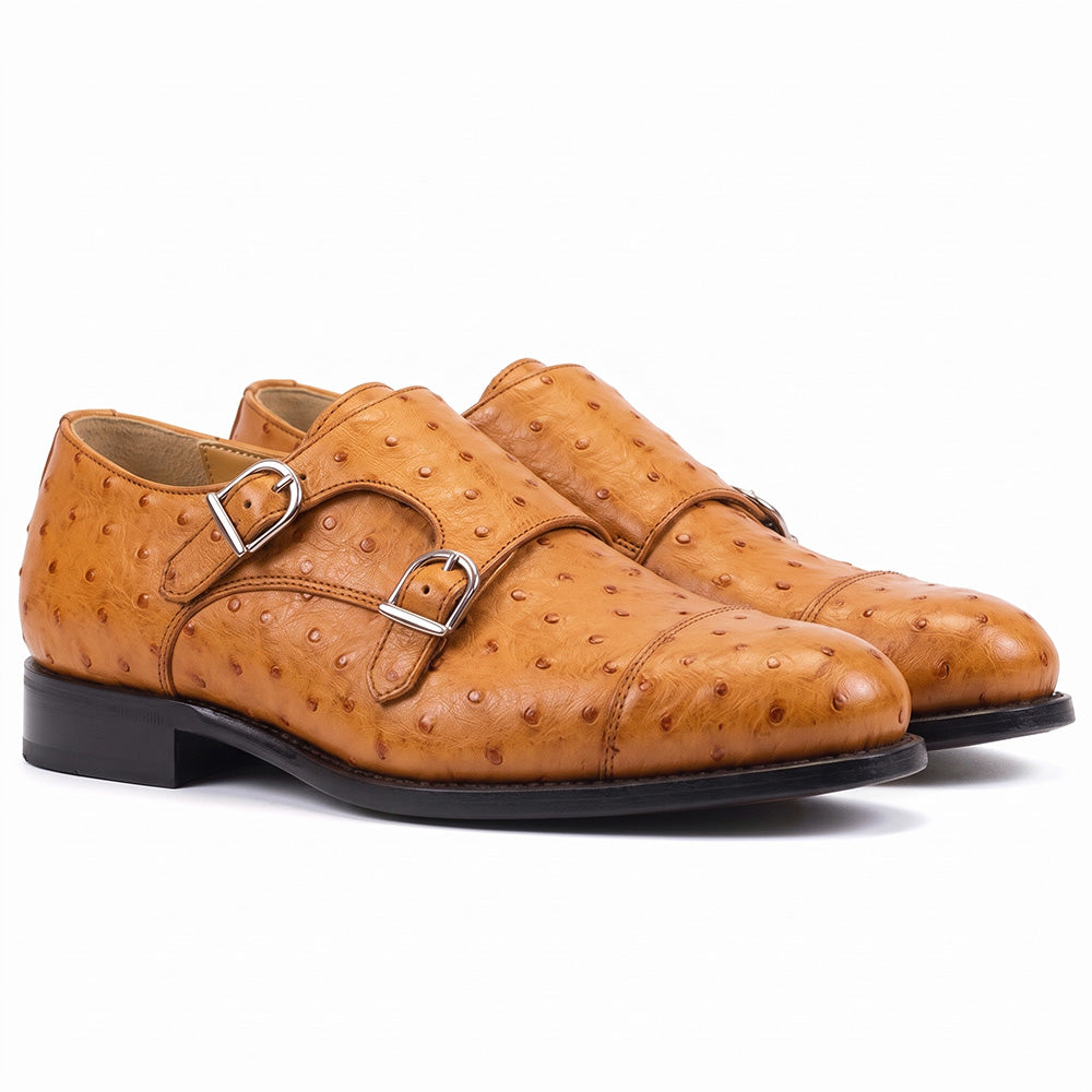 Emanuele Sempre Double Monk Ostrich Shoes Camel (Special Order)