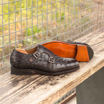 Emanuele Sempre Double Monk Ostrich Shoes Dark Brown