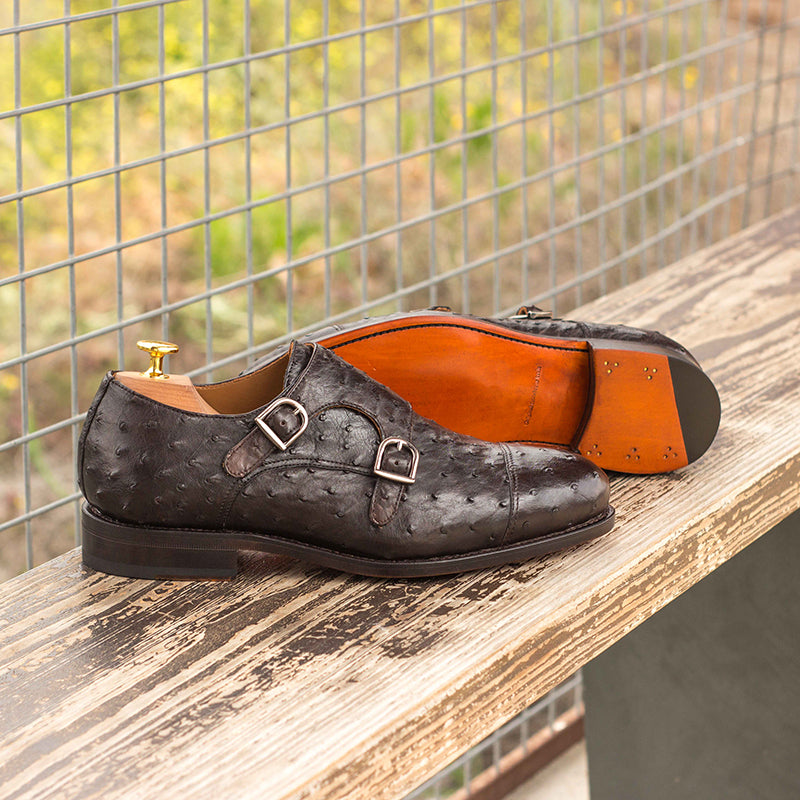 Emanuele Sempre Double Monk Ostrich Shoes Dark Brown