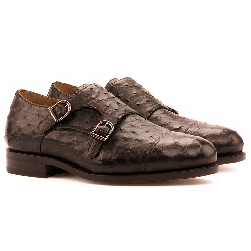 Emanuele Sempre Double Monk Ostrich Shoes Dark Brown