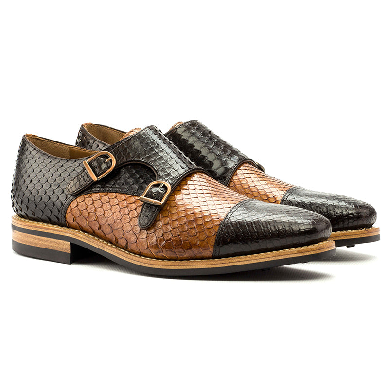 Emanuele Sempre Double Monk Python Shoes Cognac/Dark Brown