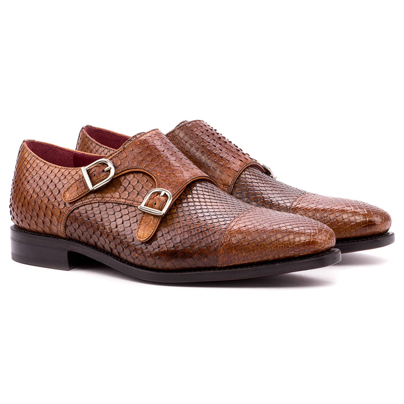 Emanuele Sempre Double Monk Python Shoes Cognac/Med Brown