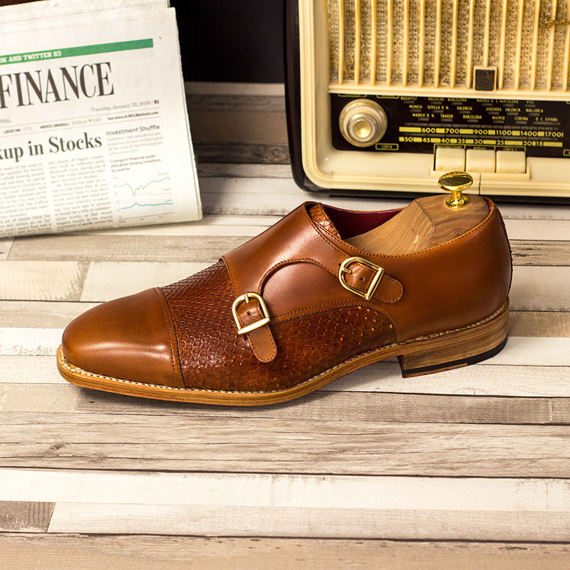 Emanuele Sempre Double Monk Python Shoes Cognac