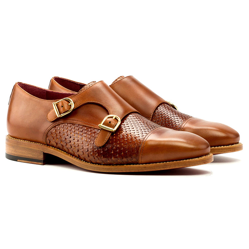 Emanuele Sempre Double Monk Python Shoes Cognac