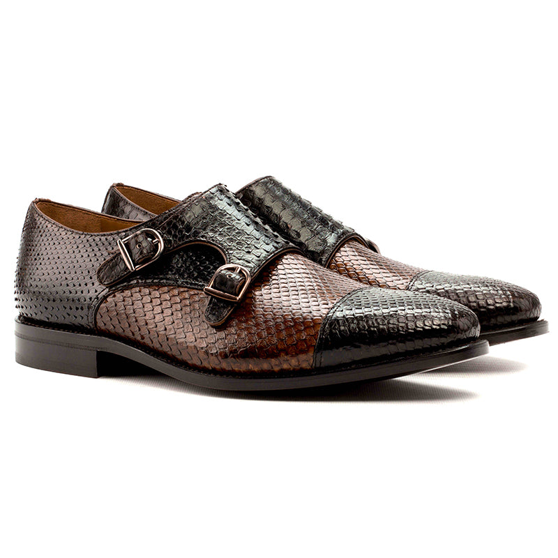 Emanuele Sempre Double Monk Python Shoes Dark Brown/Med Brown