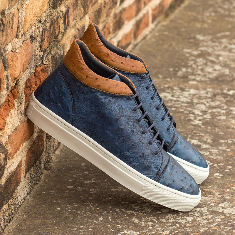 Emanuele Sempre High Top Ostrich Sneakers Navy/Cognac