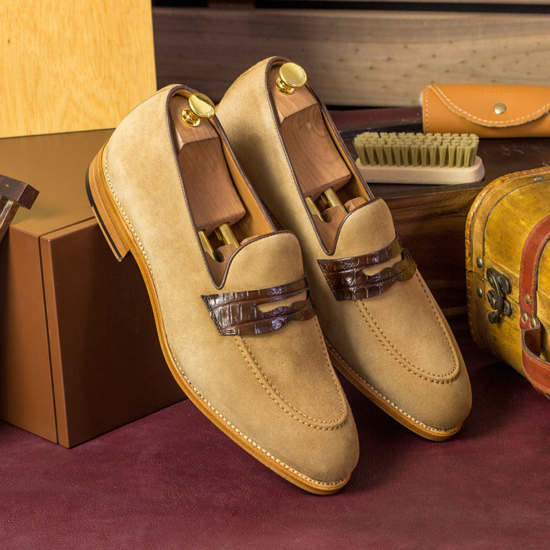 Emanuele Sempre Loafer Alligator Shoes Dark Brown/Camel