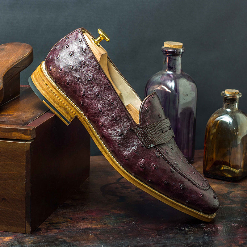 Emanuele Sempre Loafer Ostrich Shoes Burgundy/Dark Brown
