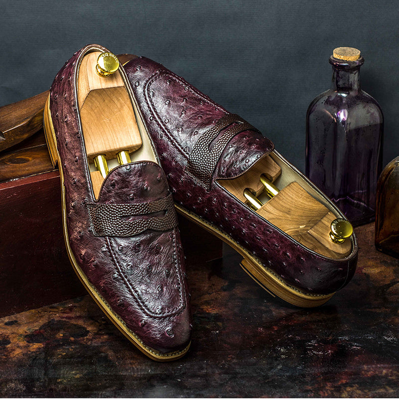 Emanuele Sempre Loafer Ostrich Shoes Burgundy/Dark Brown