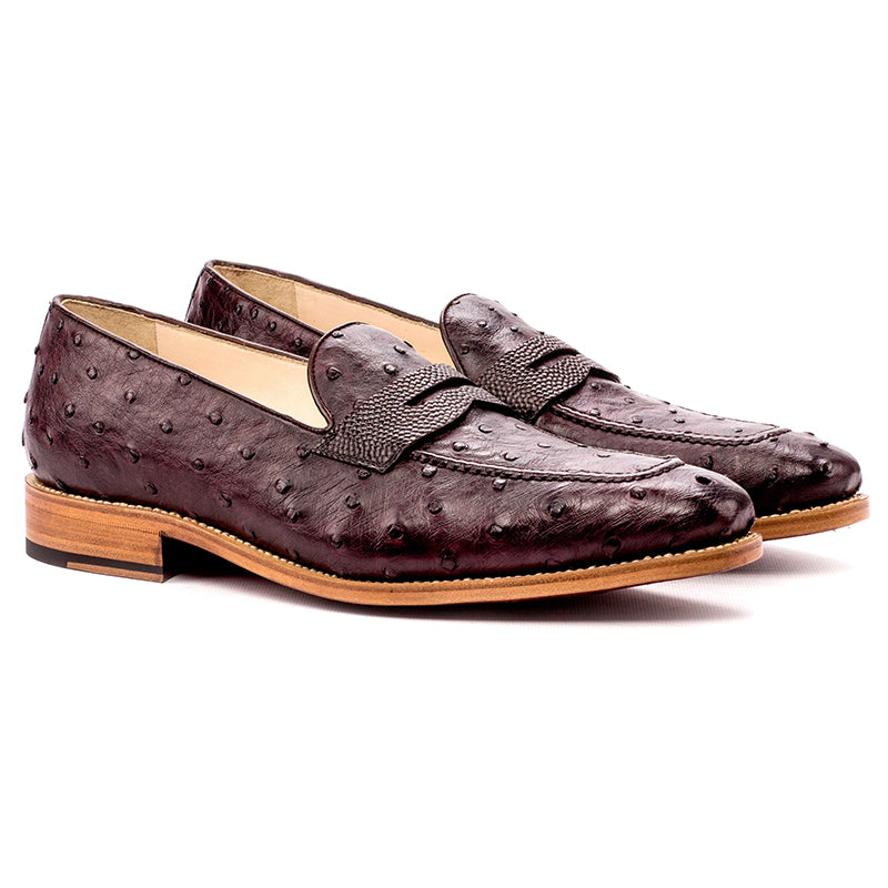 Emanuele Sempre Loafer Ostrich Shoes Burgundy/Dark Brown