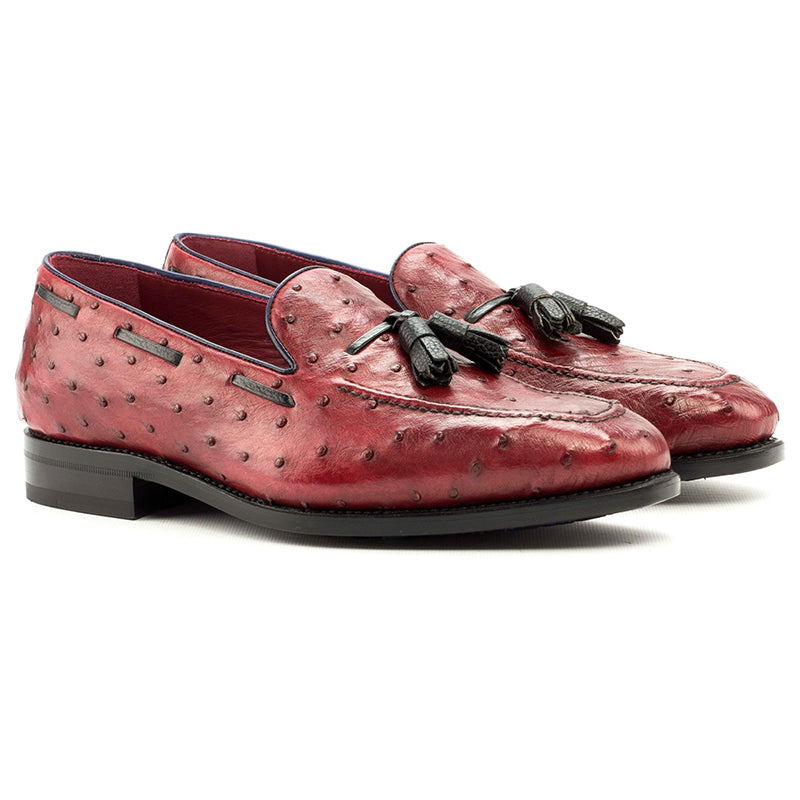 Emanuele Sempre Ostrich Tassel Loafers Red/Black