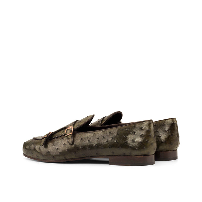 Emanuele Sempre Monk Slipper Ostrich Shoes Olive/Dark Brown