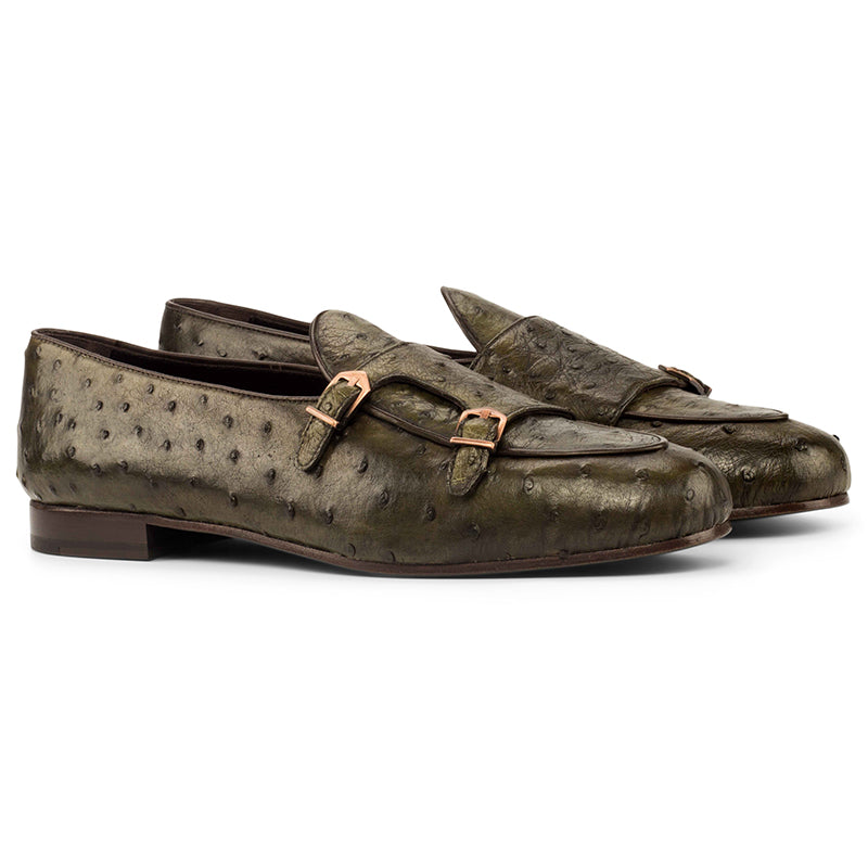 Emanuele Sempre Monk Slipper Ostrich Shoes Olive/Dark Brown