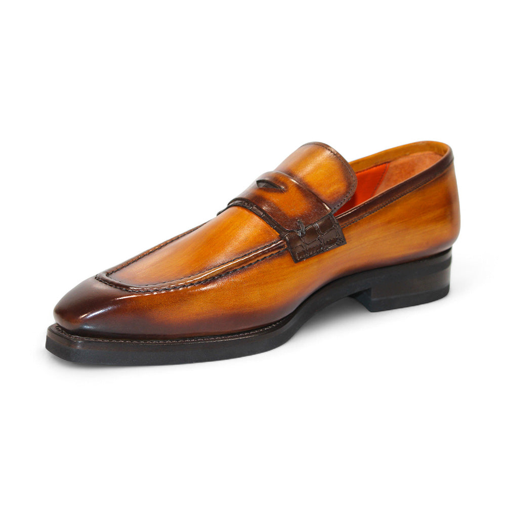 Emilio Franco Mario Leather/Embossed Croc Print Shoes Cognac/Brown