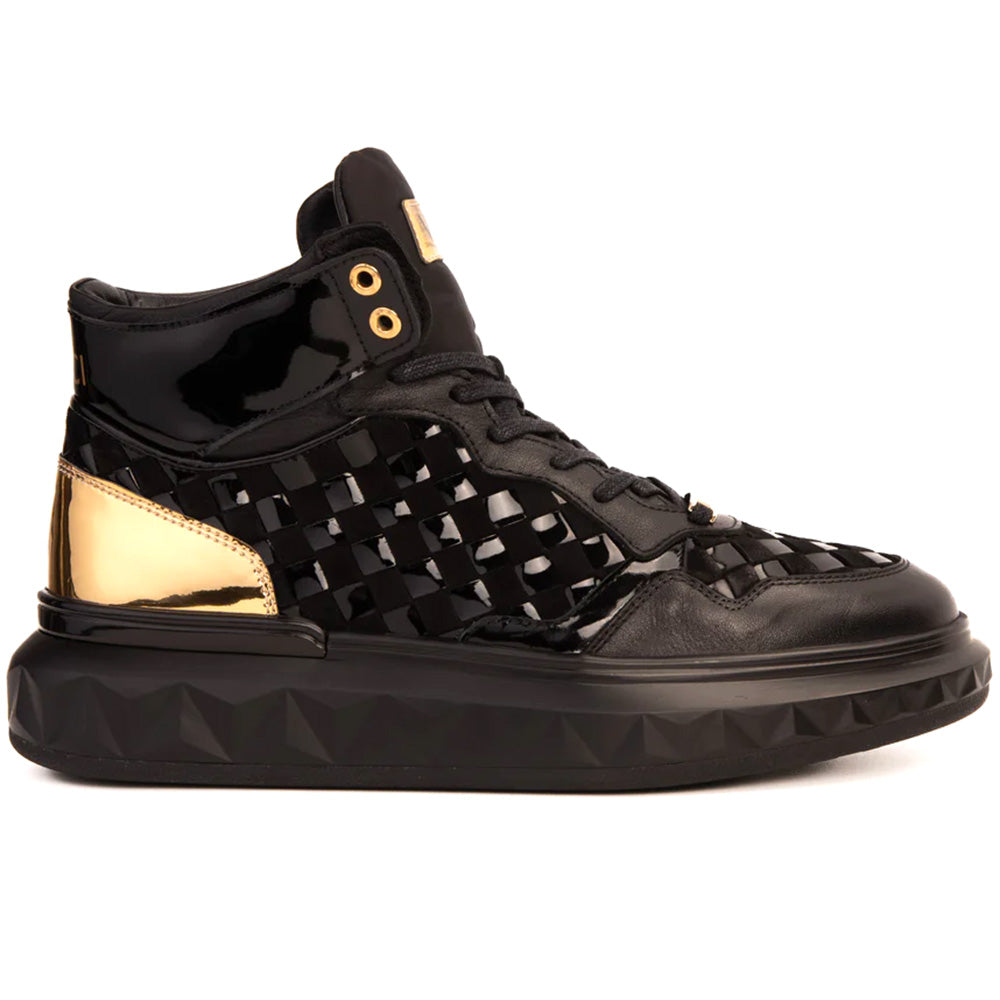 Vinci Leather The Eugene Woven Leather High-Top Sneaker Black / Gold