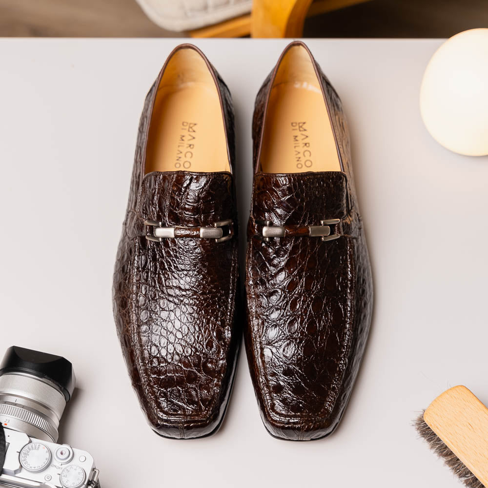 Marco Di Milano Fabro Caiman Crocodile Bit Loafers Brown