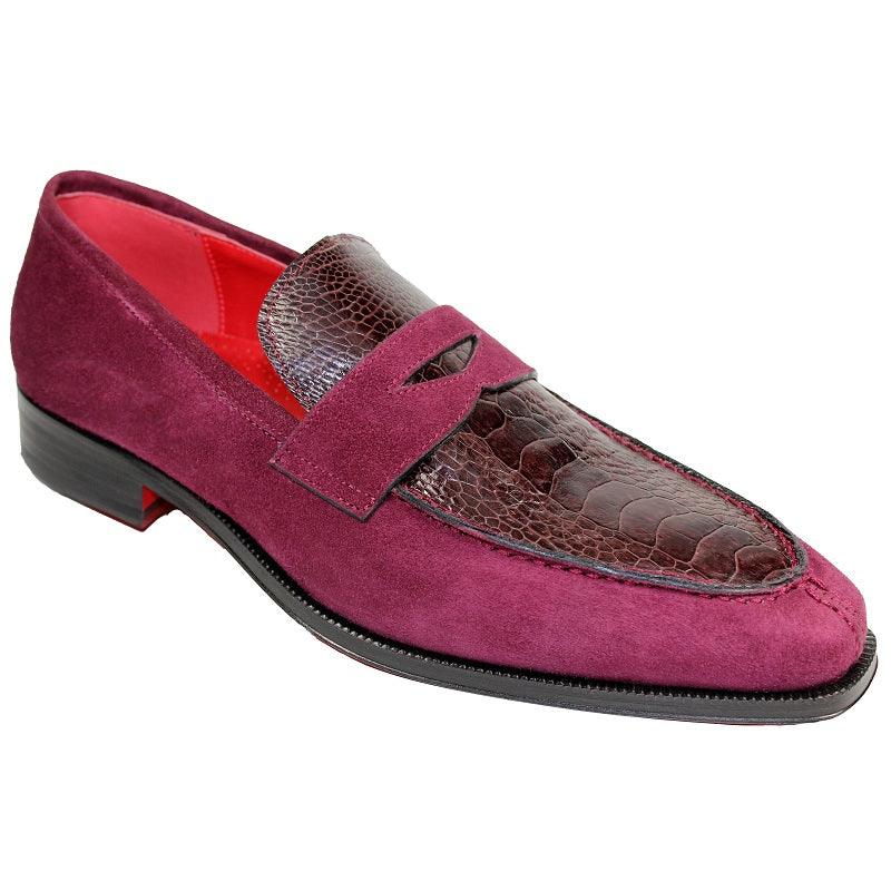 Fennix Harry Suede and Ostrich Slip-on Shoes Burgundy