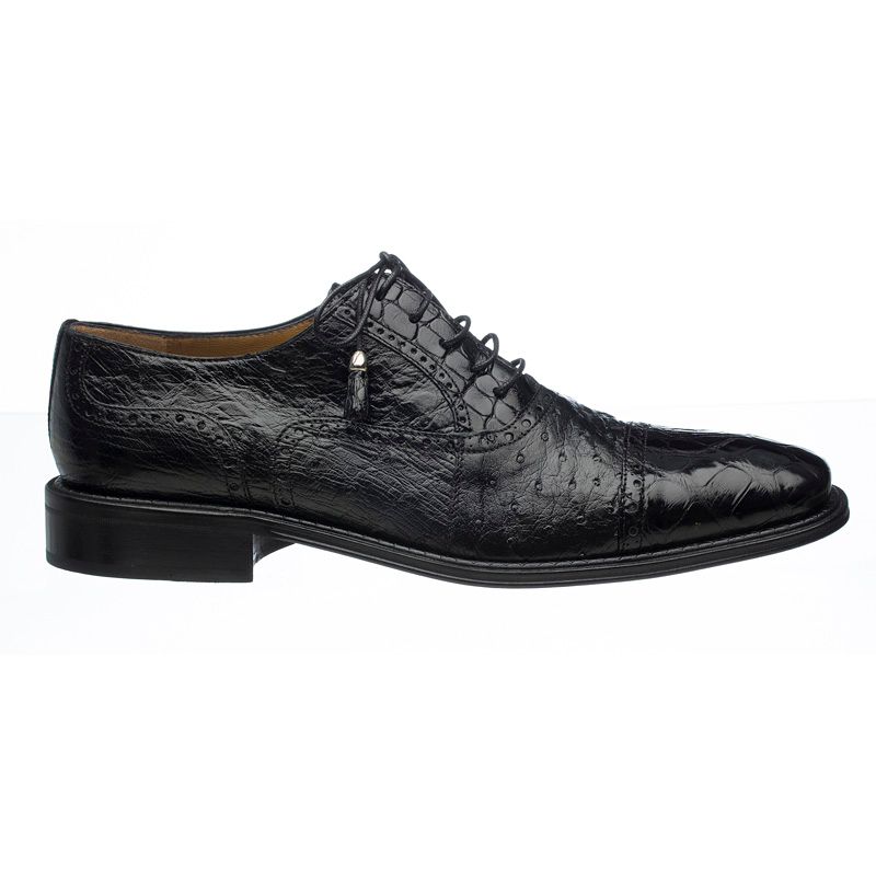 Ferrini 203 / 528 Alligator & Ostrich Quill Cap Toe Shoes Black