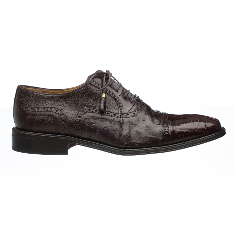 Ferrini 203 / 528 Alligator & Ostrich Quill Cap Toe Shoes Chocolate