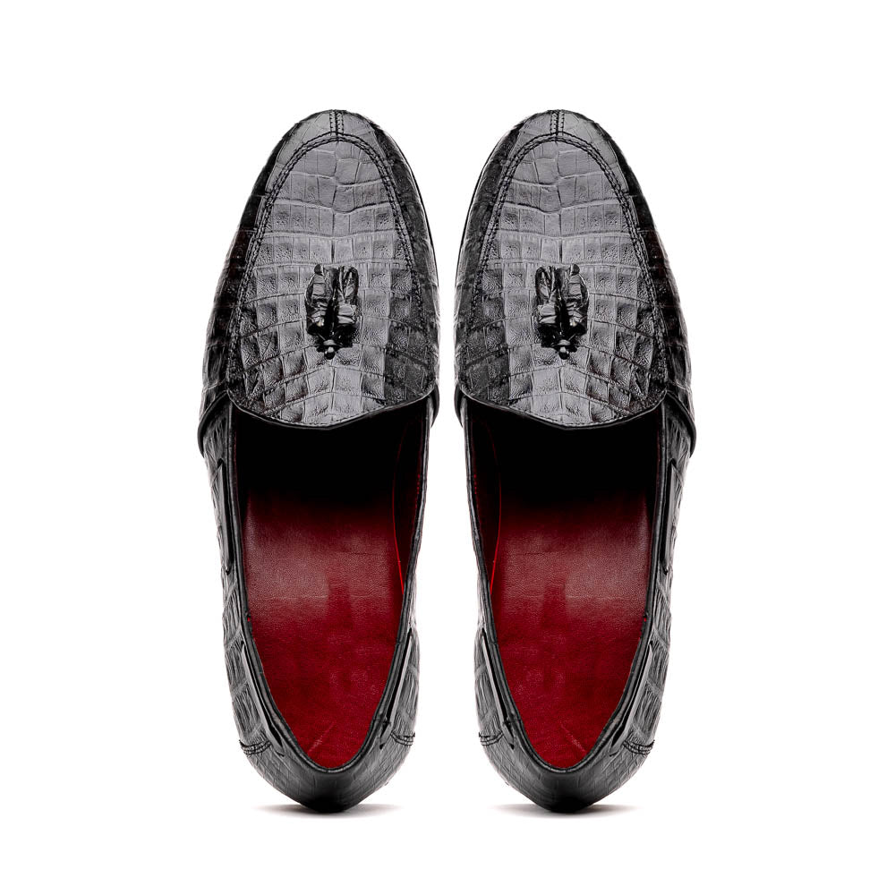 Marco Di Milano Bianchi Caiman Crocodile Tassel Loafers Black