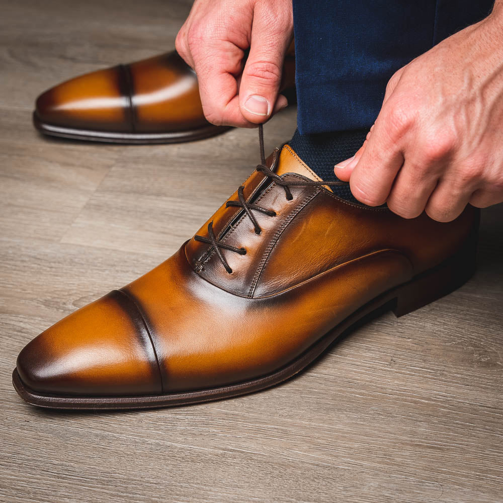 Mezlan Calfskin Folded-Seam Oxfords Cognac (E20245)