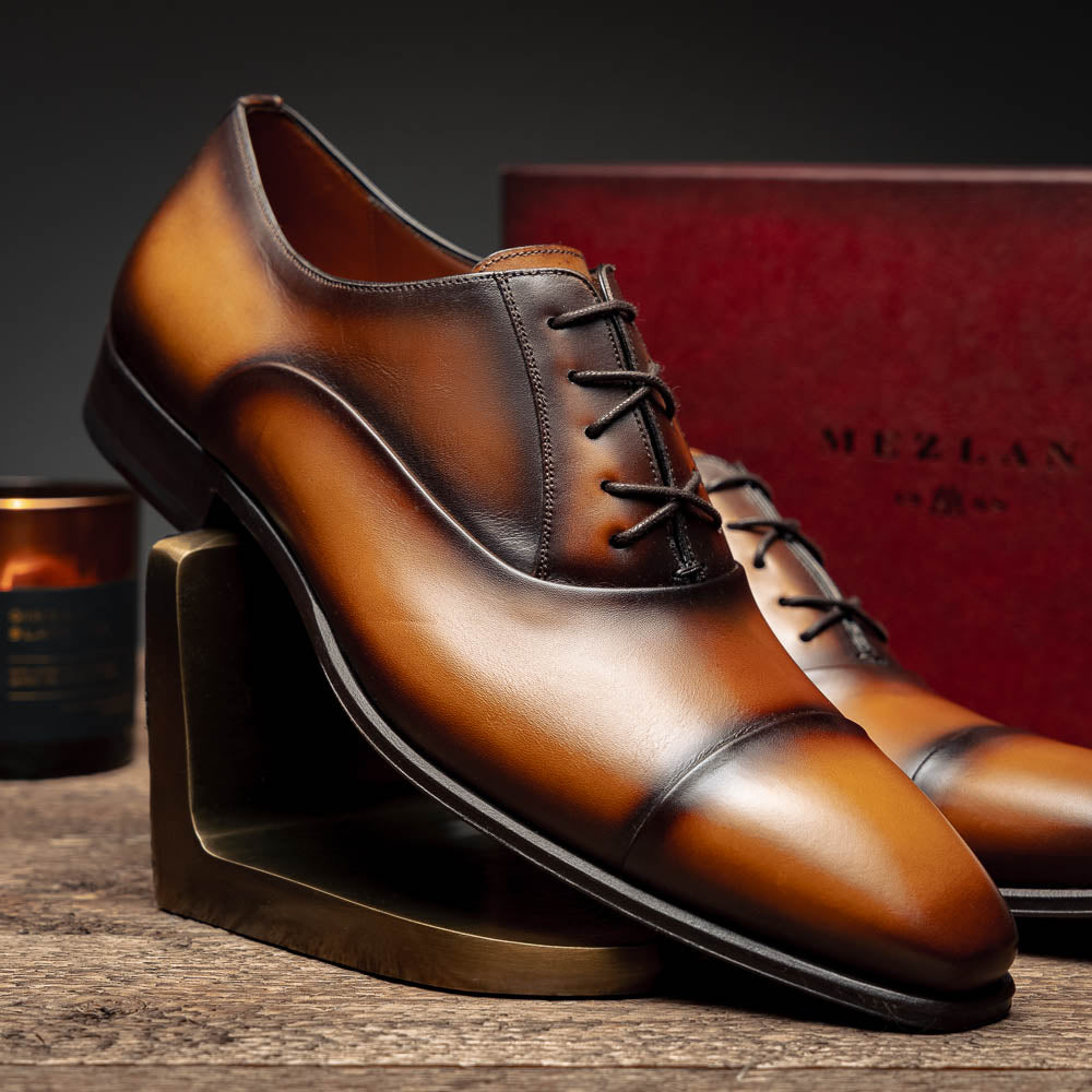 Mezlan Calfskin Folded-Seam Oxfords Cognac (E20245)