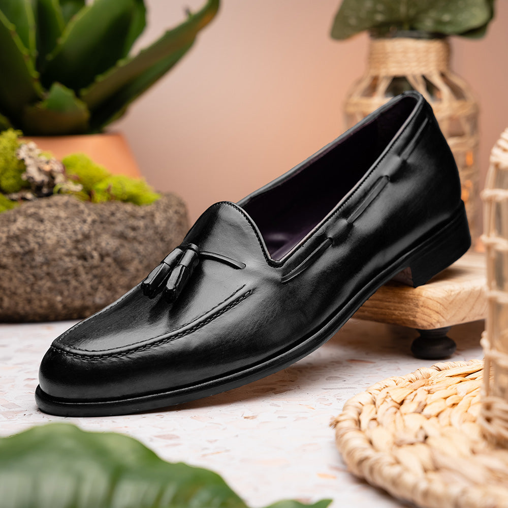 Zelli Franco Calfskin Hand Painted Tassel Loafers Black (15-586-BLK)