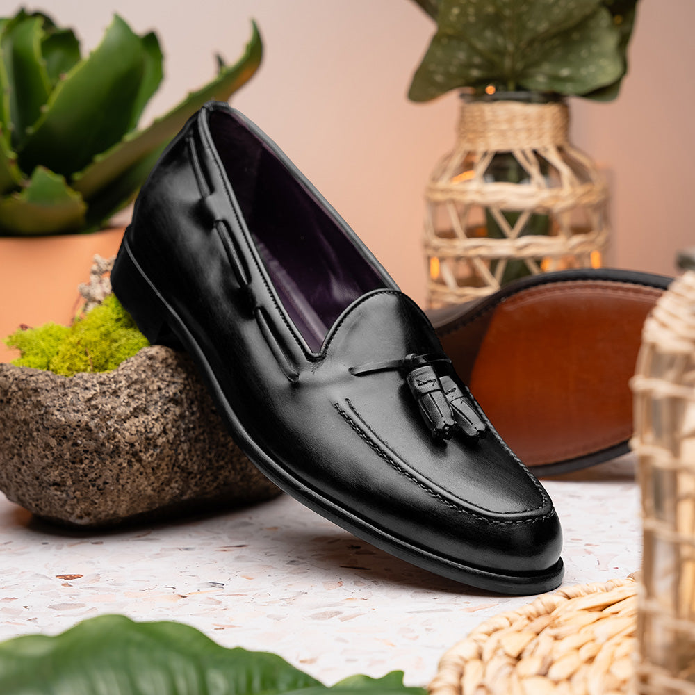 Zelli Franco Calfskin Hand Painted Tassel Loafers Black (15-586-BLK)