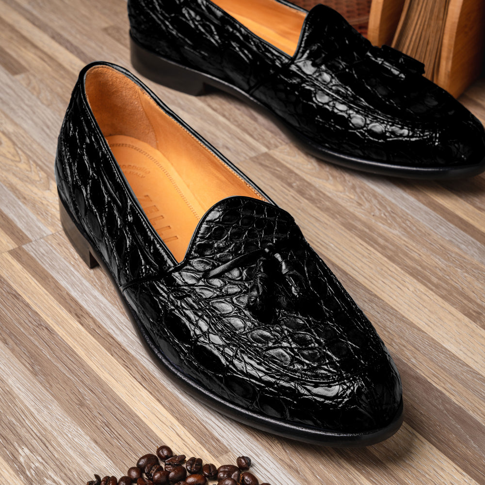 Zelli Franco Crocodile Tassel Loafers Black (11-582-BLK)