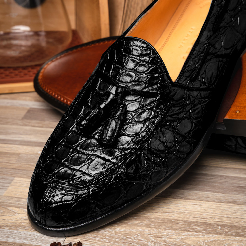 Zelli Franco Crocodile Tassel Loafers Black (11-582-BLK)