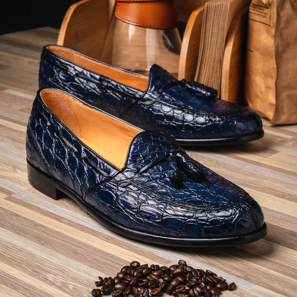Zelli Franco Crocodile Tassel Loafers Navy | MensDesignerShoe.com