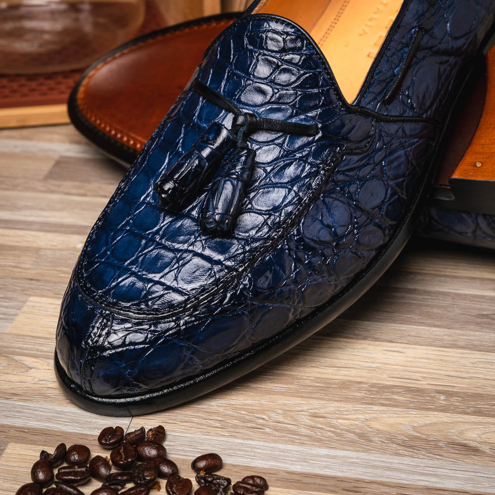 Zelli Franco Crocodile Tassel Loafers Navy | MensDesignerShoe.com
