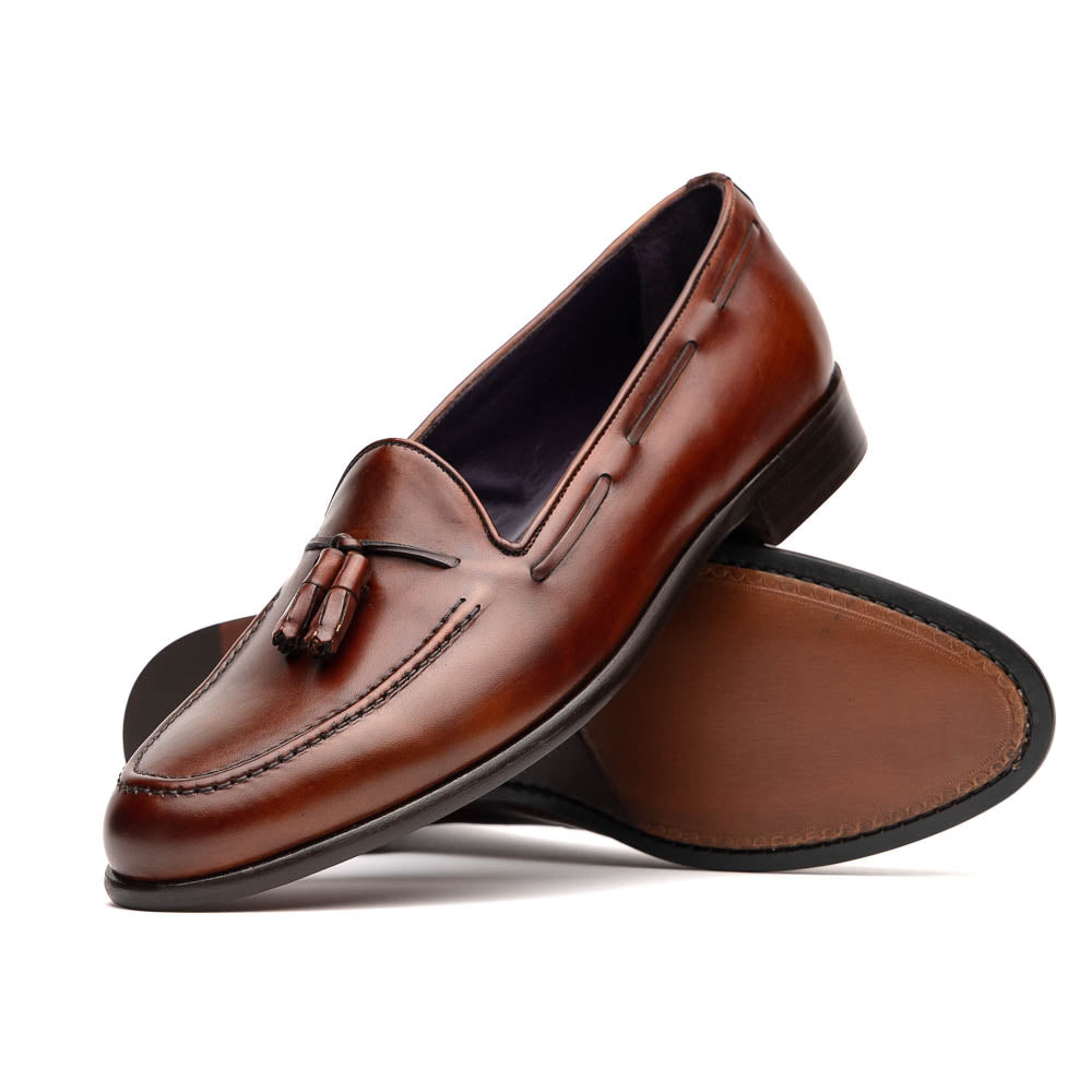 Zelli Franco Calfskin Hand Painted Tassel Loafers Cognac (15-586-CGN)