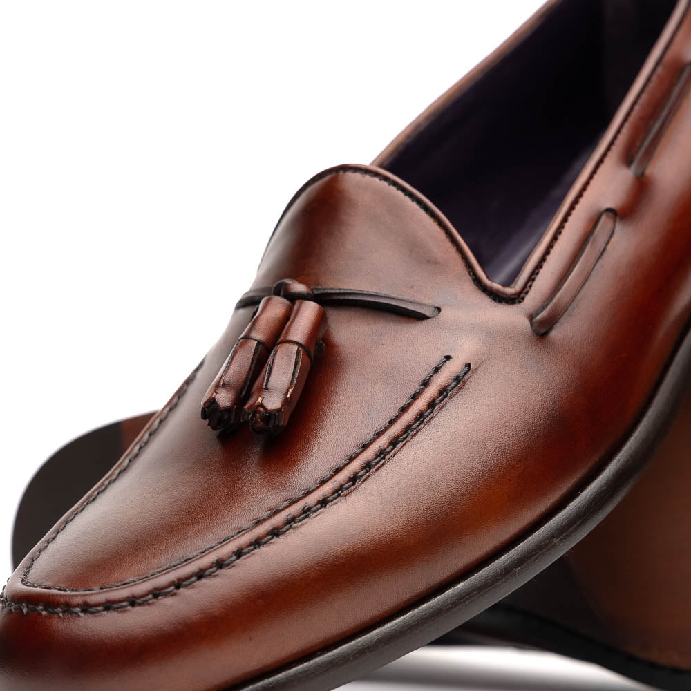 Zelli Franco Calfskin Hand Painted Tassel Loafers Cognac (15-586-CGN)