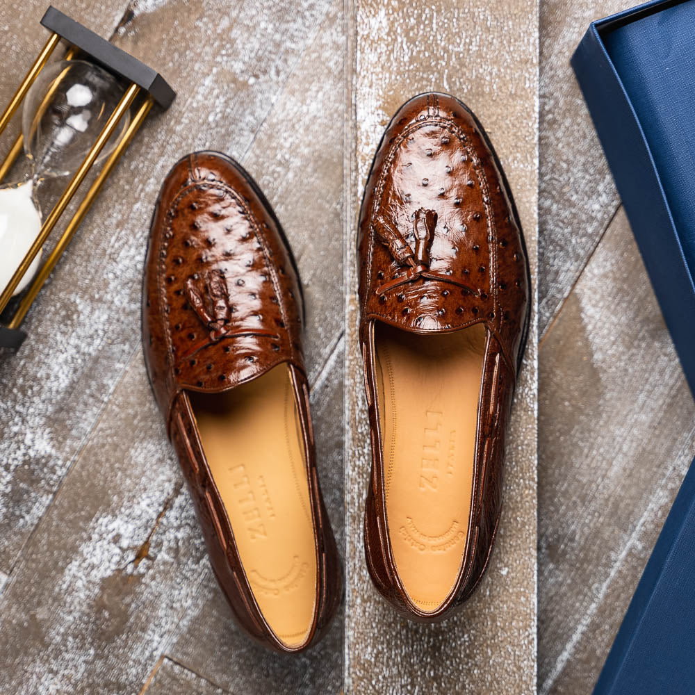 Zelli Franco Ostrich Tassel Loafers Brown