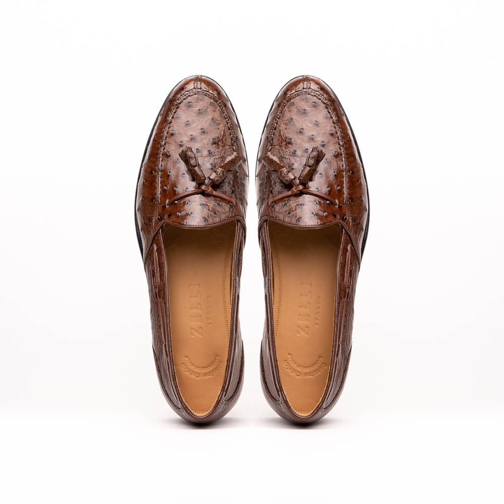 Zelli Franco Ostrich Tassel Loafers Brown