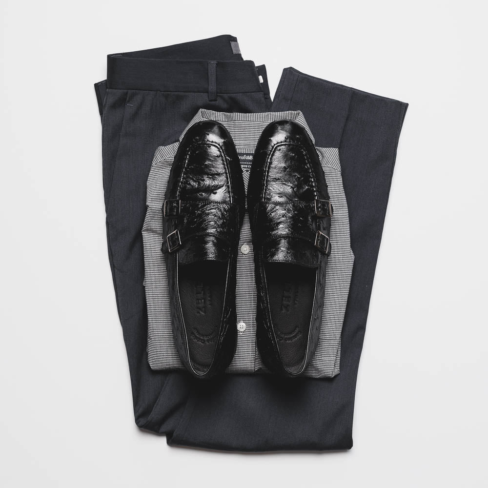 Zelli Gatto Ostrich Double Monk Strap Shoes Black